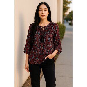 Daniel Rainn Womens Floral Print 3/4 Sleeve Blouse Size Extra Small Black & Burg